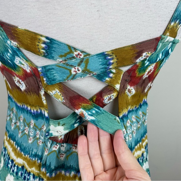 Phool Green Blue Brown Geometric Bohemian Button Front Boho Dress Women Medium - Picture 6 of 9